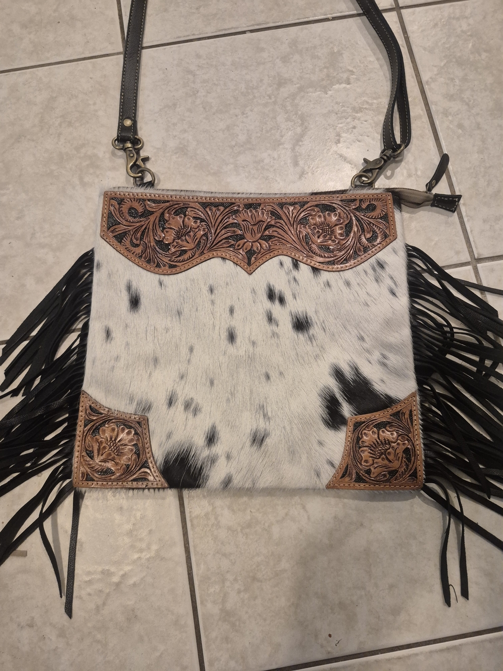 NWOT Myra Bag Black & White Hair-On Crossbody with Tooled Leather Fringe